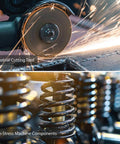 Industrial cutting tool with sparks; high-stress machine component springs visible.