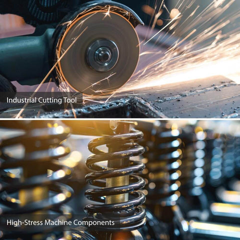 Industrial cutting tool with sparks; high-stress machine component springs visible.
