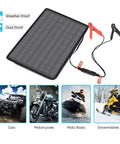10W Solar Trickle Charger Portable Battery Maintainer with SAE Quick Connection and Alligator Clips next to vehicles