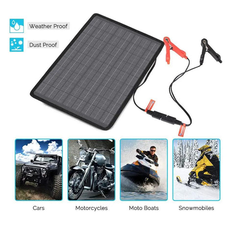 10W Solar Trickle Charger Portable Battery Maintainer with SAE Quick Connection and Alligator Clips next to vehicles