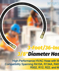 Heavy Duty 3 Ft Charging Vacuum Hose With 3/8 In Fittings for HVAC, shown in construction setting with blurred workers in background.