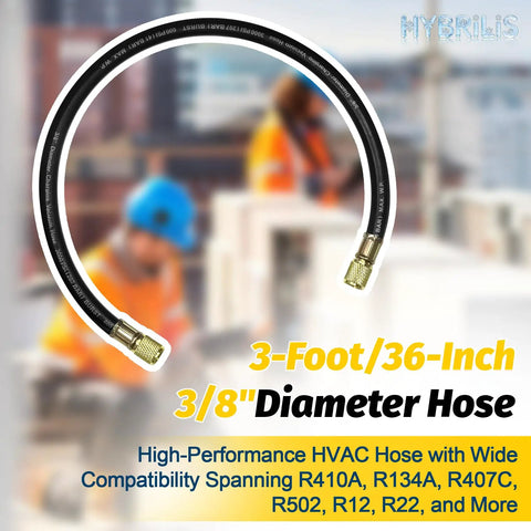 Heavy Duty 3 Ft Charging Vacuum Hose With 3/8 In Fittings for HVAC, shown in construction setting with blurred workers in background.