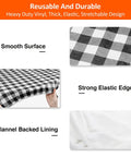 Six Foot Picnic Table And Bench Cover Set Waterproof Windproof Elastic Tablecloth Fits 72 By 30 Inches Tables And 12 By 72 Inches Benches Three Pack With Table Cover And Bench Covers Black White Checkered Outdoor Camping Gear showing smooth surface, strong elastic edge, and flannel backed lining features.