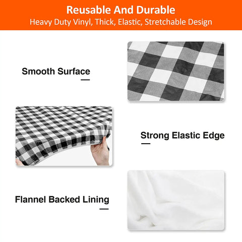 Six Foot Picnic Table And Bench Cover Set Waterproof Windproof Elastic Tablecloth Fits 72 By 30 Inches Tables And 12 By 72 Inches Benches Three Pack With Table Cover And Bench Covers Black White Checkered Outdoor Camping Gear showing smooth surface, strong elastic edge, and flannel backed lining features.