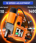 High Octane Magnetic Drill Press With Variable Speed 1400W Heavy Hitter For Rigid Metals Portable 2 Inch Bore Tool showing 810 RPM speed adjustment.