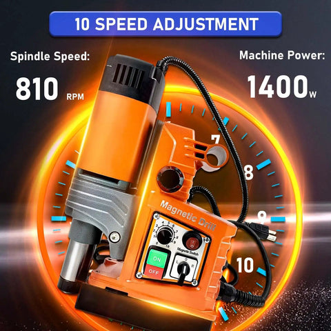 High Octane Magnetic Drill Press With Variable Speed 1400W Heavy Hitter For Rigid Metals Portable 2 Inch Bore Tool showing 810 RPM speed adjustment.