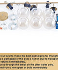 Assembly components of Six Light Gold Sputnik Chandelier with glass shades and LED bulbs packaging on display.