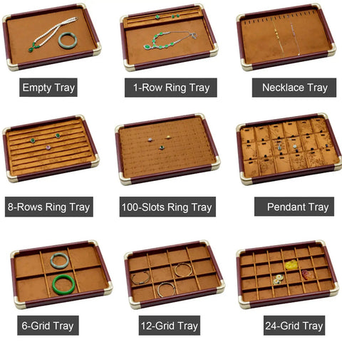 Slick Top Tier Jewelry Display Tray With Heavy Duty Wood Frame And Soft Fabric Lining No Sweat 24 Grid Stackable Organizer For Rings Earrings Necklaces Retail Ready Storage Case Black with multiple tray designs.