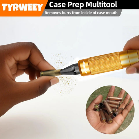 TYRWEEY Case Prep Multitool, orange aluminum handle, front view deburring case mouths during reloading