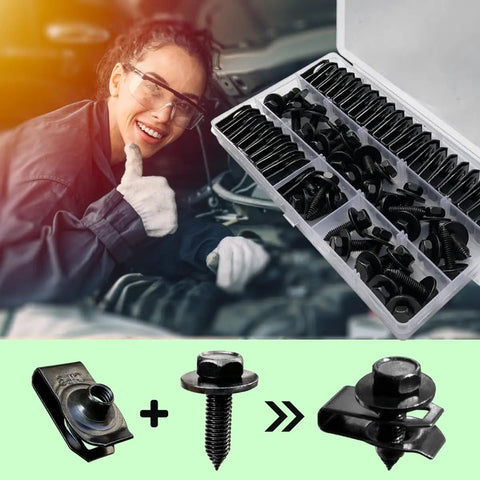 Woman with 60 Pcs U Nut Clips And Hex Head Bolts Kit for most cars SUVs and trucks, auto body fasteners, open box view
