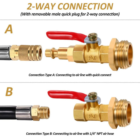 2-way connection diagram of Winterize Blowout Adapter With 1/4 Inch Quick Connect To 3/4 Inch GHT Thread Ball Valve
