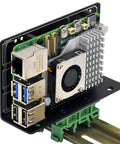 Rack Mount Bracket For Raspberry Pi And Arduino In Industrial Control Systems Fits Pi 1 A Plus B Plus 2 B 3 B 3 B Plus 4 B Zero W Pi 5 Uno Mega 2560 R2 R3 R4 BeagleBone, black aluminum DIN rail mount with fan