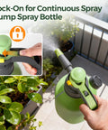 Half Gallon Hand Pump Sprayer for Home Garden Chores and Household Care in use, showing adjustable nozzle spraying plants.
