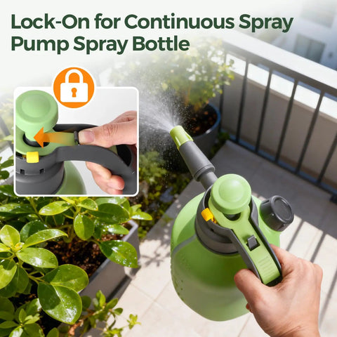 Half Gallon Hand Pump Sprayer for Home Garden Chores and Household Care in use, showing adjustable nozzle spraying plants.