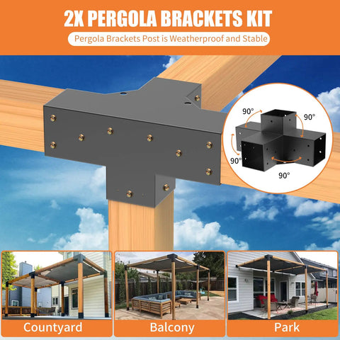4-Way Right Angle Pergola Brackets for 3.5x3.5 Inch Lumber, Heavy-Duty Steel Corner Brackets for DIY Gazebo and Deck Supports, 2 Pack With Screws, Rust-Resistant Finish, Easy Install