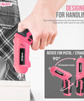 Slick 4V Usb Rechargeable Electric Screwdriver And 41 Piece Tool Kit With Swivel Handle And Bright Led For No Sweat Diy Repairs And Furniture Assembly Jobs Pink held in hand, demonstrating ergonomic grip and rotatable body.