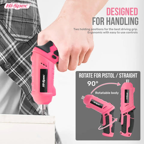 Slick 4V Usb Rechargeable Electric Screwdriver And 41 Piece Tool Kit With Swivel Handle And Bright Led For No Sweat Diy Repairs And Furniture Assembly Jobs Pink held in hand, demonstrating ergonomic grip and rotatable body.