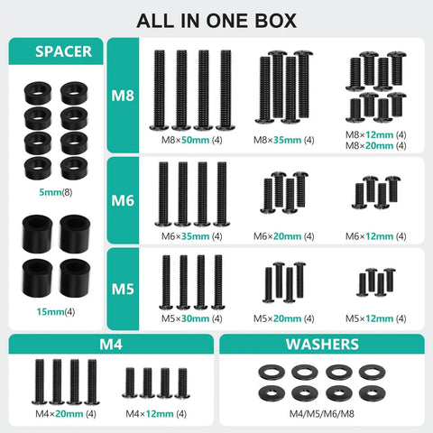Universal TV Mounting Hardware Kit With 68 Pieces Including M4 M5 M6 M8 Screws And Spacers for Up To 80 Inch TVs.
