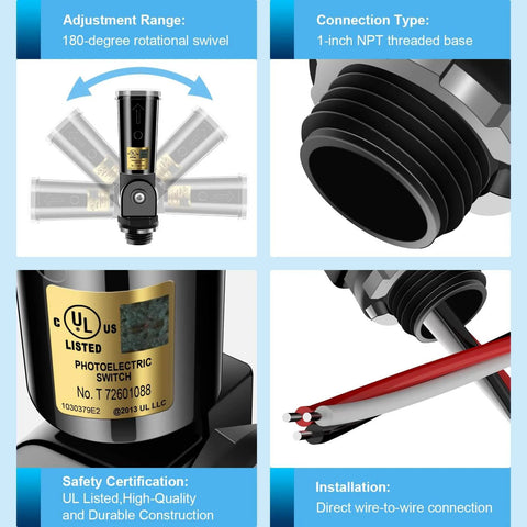 Smart Dusk To Dawn Photocell Sensor For Outdoor Lights Auto On Off with 180-degree swivel, threaded base, UL certification, wire connection.