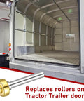 12 Pack Heavy Duty Garage Door Rollers Wheels For One Inch Truck And Trailer Doors Track Replacement Set Seven Sixteenth Inch Diameter Two And Three Quarter Inch Long Rod Steel Roller Wheels Built To Withstand High Impact And Corrosion with image of a tractor trailer door open and roller displayed.