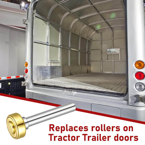 12 Pack Heavy Duty Garage Door Rollers Wheels For One Inch Truck And Trailer Doors Track Replacement Set Seven Sixteenth Inch Diameter Two And Three Quarter Inch Long Rod Steel Roller Wheels Built To Withstand High Impact And Corrosion with image of a tractor trailer door open and roller displayed.