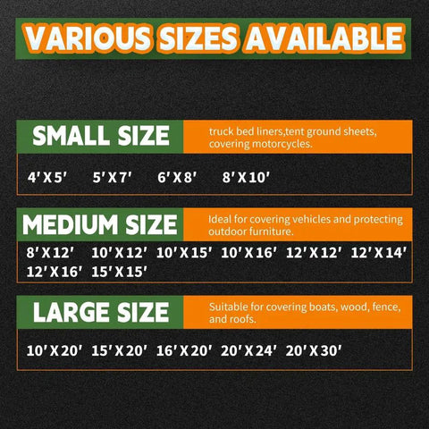 Various tarp sizes available including small, medium, and large options for different outdoor and construction needs