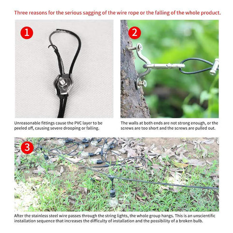 Wire hook and connection issues in the Outdoor Globe String Lights Hanging Kit With 164ft Black Vinyl Coated 304 Stainless Steel Cable