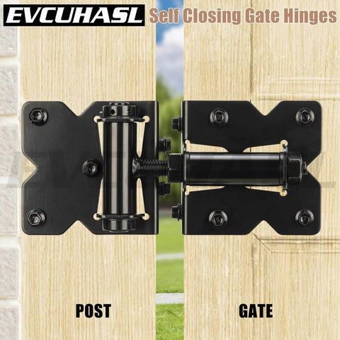 Heavy Duty Gate Hinges For Vinyl And Wooden Fence Gates Self Closing With 90 Degree Adjustable Operation Black coated hinge on gate