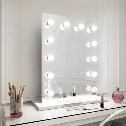 G25 LED Vanity Globe Bulbs 100W Equivalent, 9W, 5000K Daylight White installed on a makeup mirror in a vanity setup