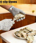 Person using 2 Pairs Cut Resistant Gloves Level 5 EN388 Food Grade Safety Gear For Cooking Meat Oyster Shucking Mandoline Chefs Food Prep Carving Butcher Unisex Comfortable Fit to shuck oysters in kitchen.