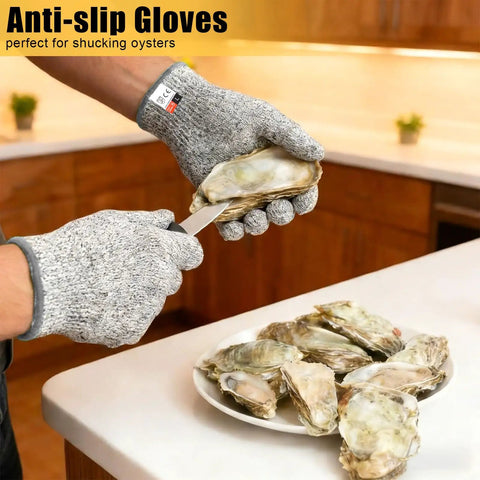 Person using 2 Pairs Cut Resistant Gloves Level 5 EN388 Food Grade Safety Gear For Cooking Meat Oyster Shucking Mandoline Chefs Food Prep Carving Butcher Unisex Comfortable Fit to shuck oysters in kitchen.