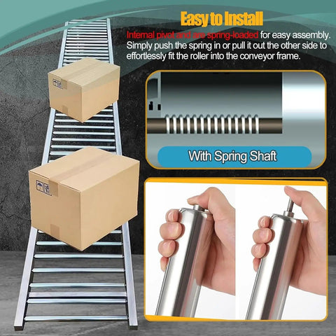 Heavy Duty Stainless Steel Conveyor Rollers With Spring Press In Bearings For Factory Rail Replacement Systems, Fits 35 Inch L Length 20 Pack for easy installation with boxes on conveyor.