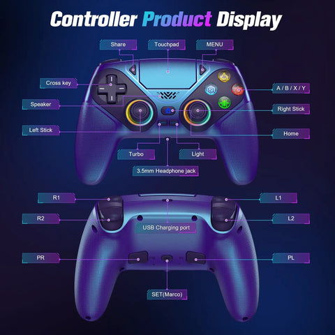 RGB Wireless Controller for PS5 and PC, Bluetooth Gamepad With Turbo, Macro, Dual Vibration, 6 Axis Motion, 3.5mm Audio Jack and 1000mAh Battery, Quick Connect and Plug and Play Across Platforms, front and back view