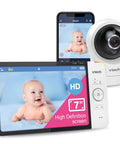 1080p WiFi Baby Monitor With 360° Pan Tilt, 7-Inch Screen, and smartphone showing HD images of a baby, camera lens close-up.