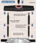 Instructions for assembling Heavy Duty Bearing Separator Puller Set with 5 ton capacity, showing insertion of lead and extension screws.