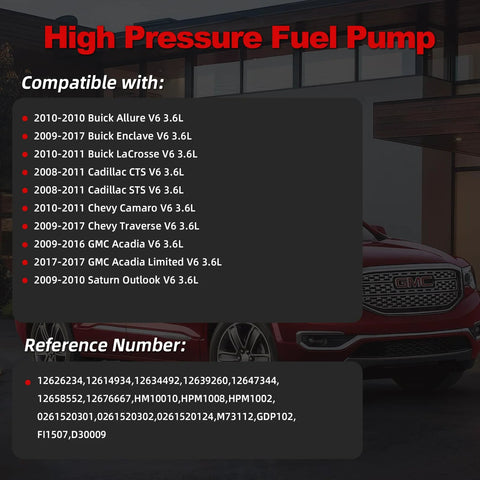 Compatibility chart for Beefed Up High Pressure Fuel Pump For 3.6L V6 GM Vehicles with car in background.