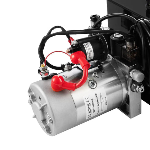 Beefy Truck-Grade 8 Quart Hydraulic Power Unit With Dual Acting Dump Trailer Pump, 12V DC Motor, Steel Reservoir, close-up view