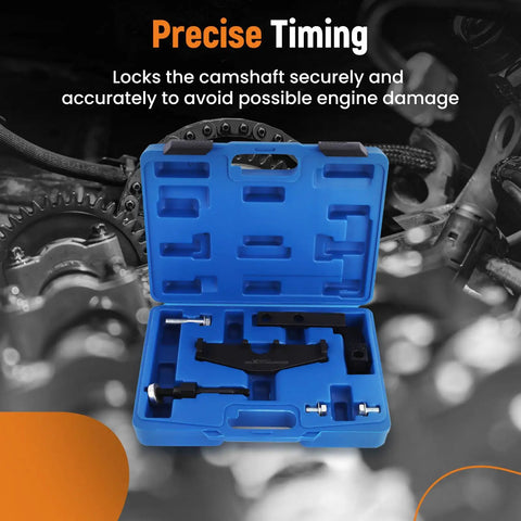 Mini Cooper Camshaft Locking Tool And Timing Chain Tool Set For 1.6L Gas Engines W10 W11 R50 R52 R53 DIY Friendly Pro Grade Timing Tool Kit open blue case with components