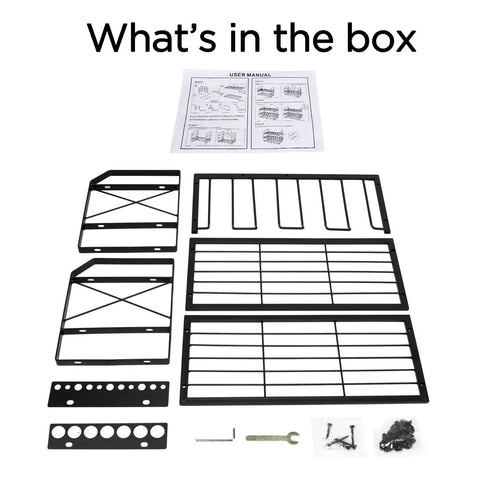Components of Wall Mounted Power Tool Organizer Rack With Battery Holder And Four Drill Slots, manual, screws, and wrench