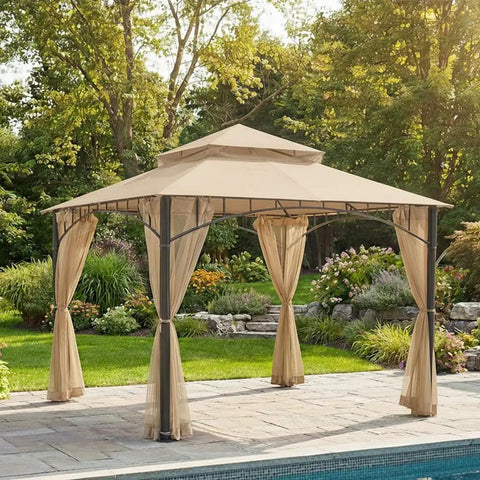 Durable 350 Denier Beige Replacement Canopy Top for Summer Veranda 10 X 10 Gazebo Models L-GZ093PST installed outdoors