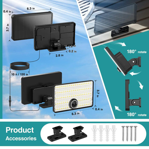 Motion Sensor Outdoor Lights Solar Powered 2000 Lumens With 88 LEDs Waterproof Wall Mount installation kit and dimensions diagram