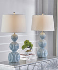 28 Inch Blue Ceramic Table Lamps Set Of 2 For Living Room And Bedroom Modern Coastal Nightstand Lamps With White Linen Shade