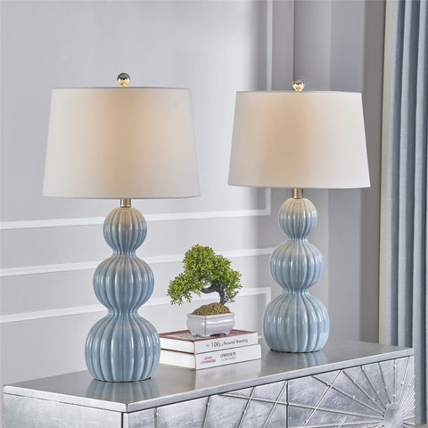 28 Inch Blue Ceramic Table Lamps Set Of 2 For Living Room And Bedroom Modern Coastal Nightstand Lamps With White Linen Shade
