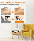 Room with a yellow chair, side table, and infographic showing benefits of Silicone Chair Leg Floor Protectors Set With Thick Elastic Pads For Hardwood Floors, 24 Pack Clear Large Size, Soft Felt Pads For Wooden Floors, Safe For Kids And Pets, Keeps Furniture From Scratching And Slipping.