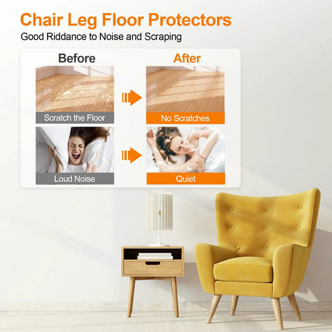 Room with a yellow chair, side table, and infographic showing benefits of Silicone Chair Leg Floor Protectors Set With Thick Elastic Pads For Hardwood Floors, 24 Pack Clear Large Size, Soft Felt Pads For Wooden Floors, Safe For Kids And Pets, Keeps Furniture From Scratching And Slipping.