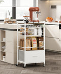 Modern White Coffee Bar Cabinet On Wheels With Ample Storage And Drawer 5 Tier Coffee Station Cart in kitchen