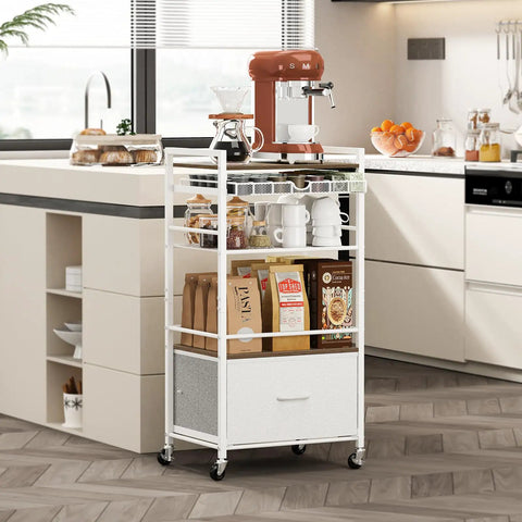 Modern White Coffee Bar Cabinet On Wheels With Ample Storage And Drawer 5 Tier Coffee Station Cart in kitchen