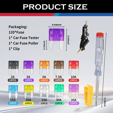 Bad Boy Universal Car Fuse Assortment Kit featuring 120 Piece Blade Set with tester and removal tools, various fuse sizes displayed.