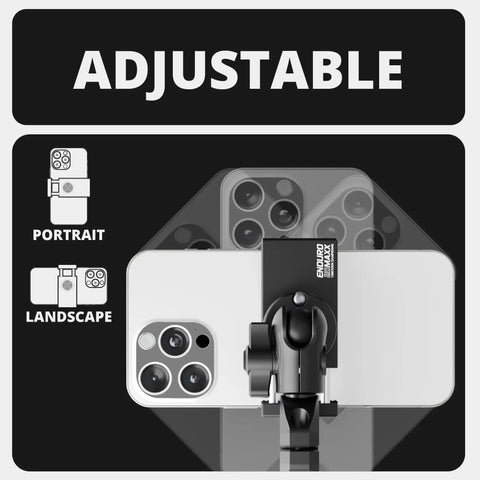 All Metal Motorcycle Phone Mount With 20MAXX Vibration Dampening Spring Cradle showing adjustable portrait and landscape view