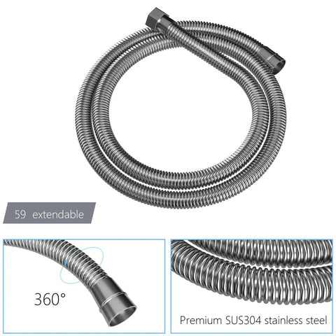 Wall Mounted Square Shower System with Adjustable Flow 59 inch extendable stainless steel shower hose with 360 degree flexibility.